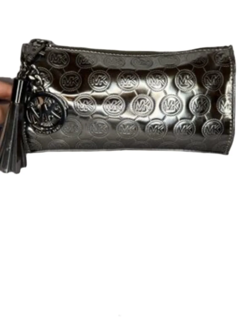 Michael Kors Metallic Gunmetal Embossed MK makeup pouch compartments charm
